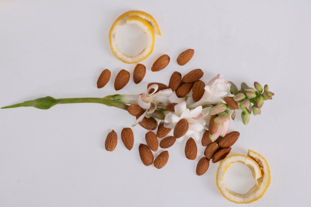 Almendras, flores blancas y rodajas de cítricos.